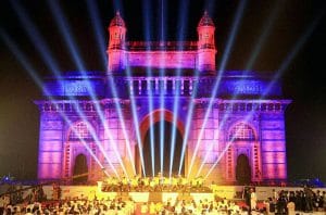 Mumbai: Gateway of India being illuminated with the dynamic special effects of the LED lights in Mumbai on Friday. New lighting of Gateway of India is initiative of Maharashtra tourism and Philips India. PTI Photo by Shashank Parade(PTI1_24_2014_000220B)
