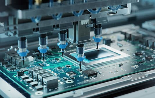 Automatic pick and place machine quickly installs components on generic circuit board. electronics and circuit board manufacturing