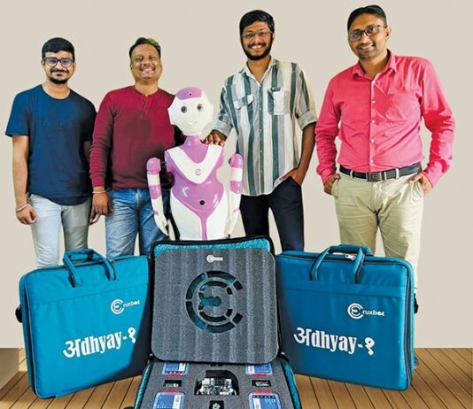 (Left to right) Bhagyesh Tajne, CTO; Rajesh Thakre, MD; Hitendra Valhe, CEO; and Nilesh Wagh, CMO with products