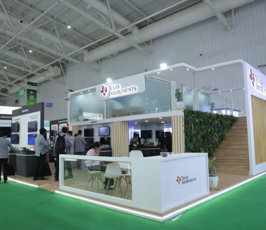 Texas Instruments’ booth at electronica India 2026 in Bengaluru, featuring demonstrations across automotive, energy, and semiconductor technologies. 